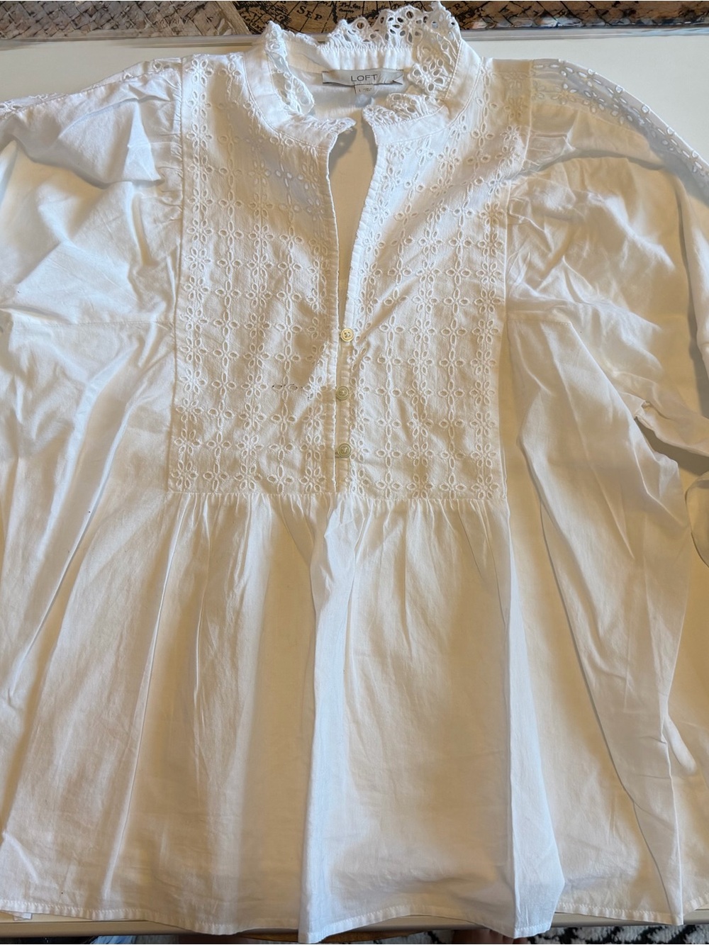 LOFT White Eyelet Button Front Peasant Blouse